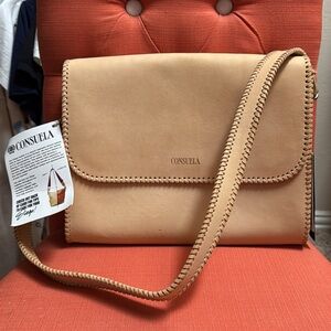 Consuela Tan Crossbody Bag with Flap Closure and Gold Hardware